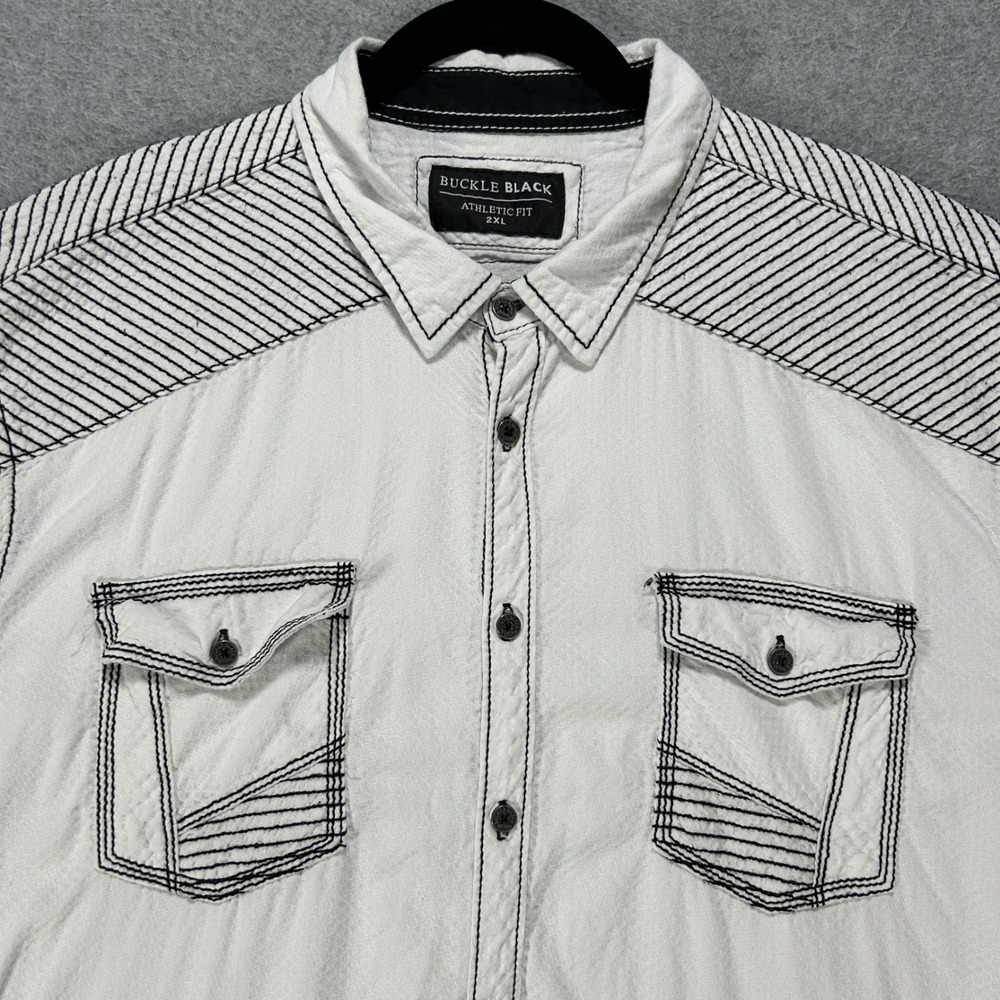 Buckle Black Button Down Shirt Athletic Fit Mens XL White Western Rockabilly